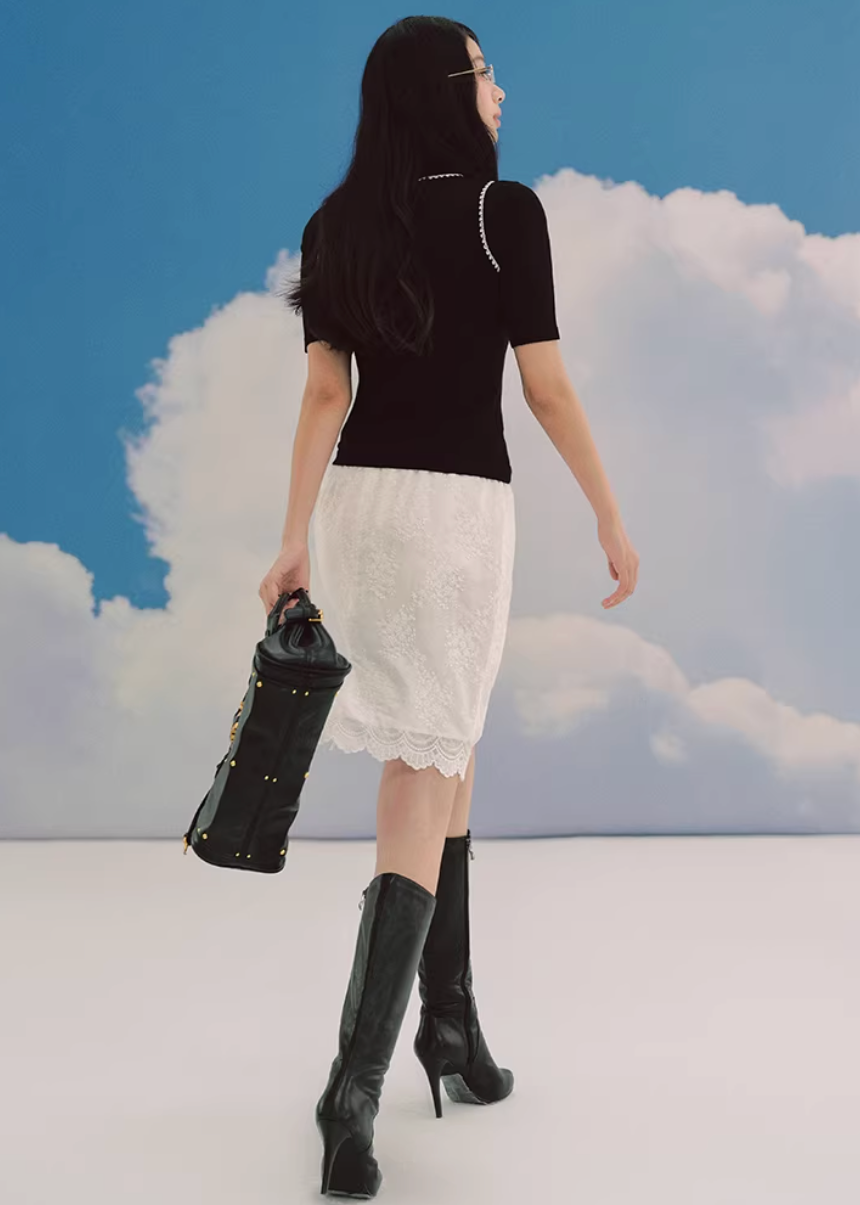 LaluneDuCiel layered knit top women, Korean slim high neck top, feminine two piece knit tee, elegant Korean style fitted top, chic minimal knit shirt women, slim short sleeve knit top Korean fashion, everyday feminine knitwear women, versatile layered tee Korean style, stylish Korean fashion top