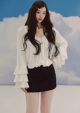 LaluneDuCiel white pleated blouse women, Korean feminine romantic top, water sleeve blouse women, elegant Korean style white shirt, soft chiffon pleated blouse women, romantic Korean fashion blouse, feminine spring white top, chic Korean style blouse, lightweight romantic blouse women, graceful Korean fashion top