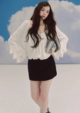 LaluneDuCiel white pleated blouse women, Korean feminine romantic top, water sleeve blouse women, elegant Korean style white shirt, soft chiffon pleated blouse women, romantic Korean fashion blouse, feminine spring white top, chic Korean style blouse, lightweight romantic blouse women, graceful Korean fashion top