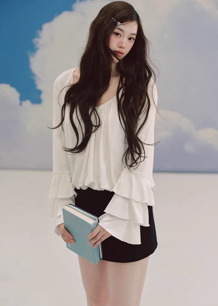 LaluneDuCiel white pleated blouse women, Korean feminine romantic top, water sleeve blouse women, elegant Korean style white shirt, soft chiffon pleated blouse women, romantic Korean fashion blouse, feminine spring white top, chic Korean style blouse, lightweight romantic blouse women, graceful Korean fashion top