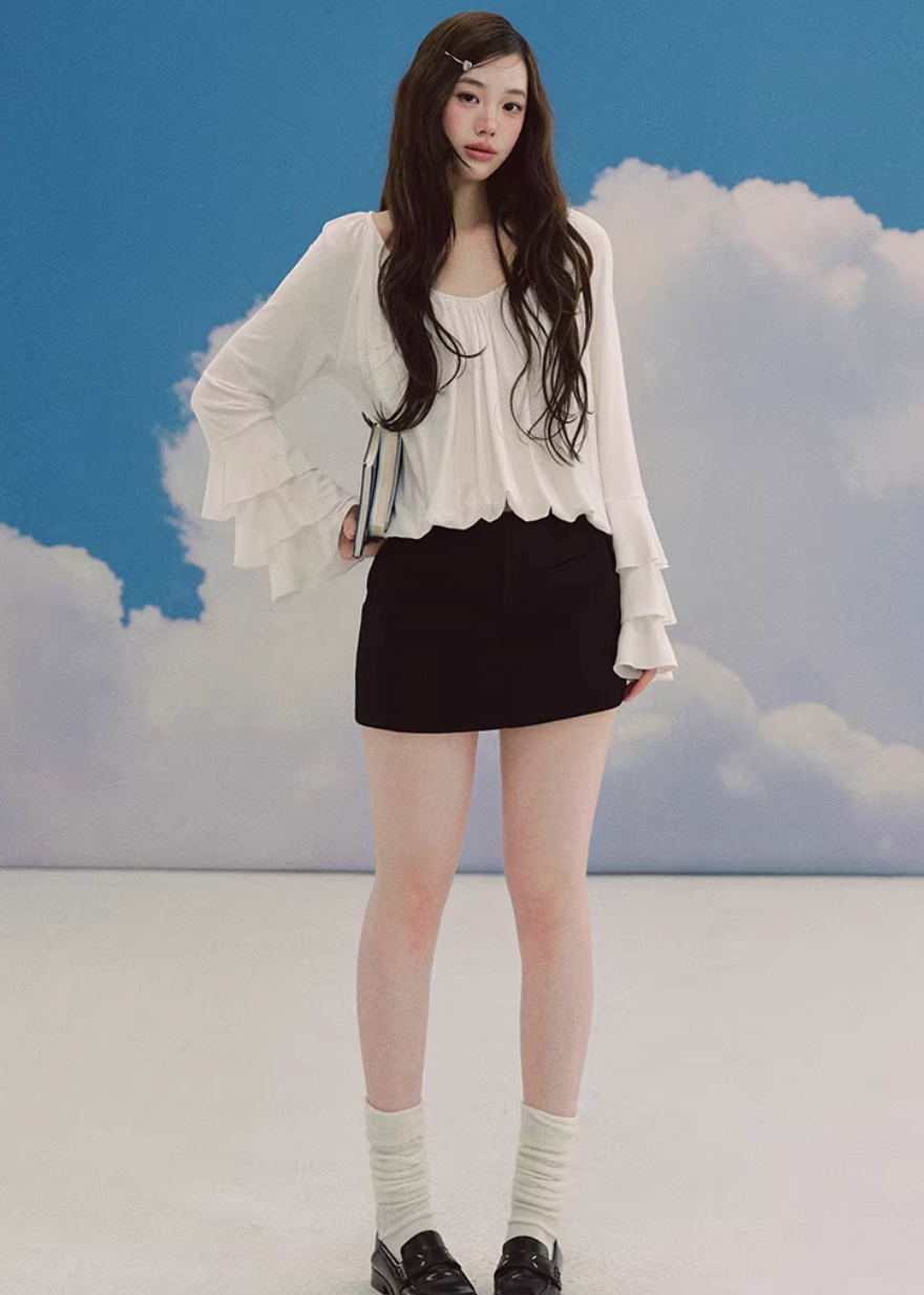 LaluneDuCiel white pleated blouse women, Korean feminine romantic top, water sleeve blouse women, elegant Korean style white shirt, soft chiffon pleated blouse women, romantic Korean fashion blouse, feminine spring white top, chic Korean style blouse, lightweight romantic blouse women, graceful Korean fashion top