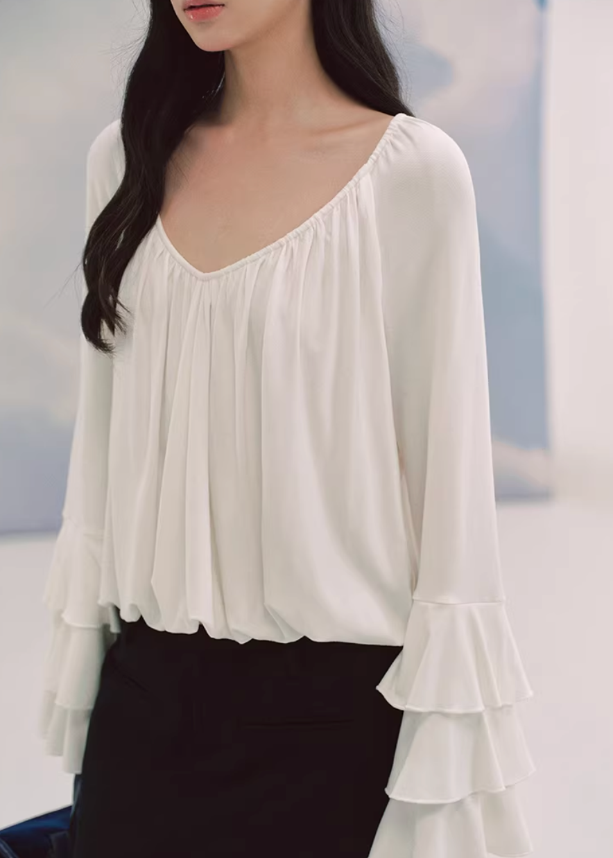 LaluneDuCiel white pleated blouse women, Korean feminine romantic top, water sleeve blouse women, elegant Korean style white shirt, soft chiffon pleated blouse women, romantic Korean fashion blouse, feminine spring white top, chic Korean style blouse, lightweight romantic blouse women, graceful Korean fashion top