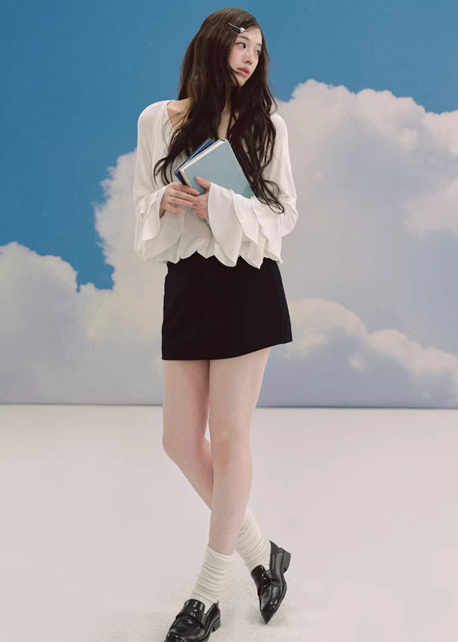 LaluneDuCiel white pleated blouse women, Korean feminine romantic top, water sleeve blouse women, elegant Korean style white shirt, soft chiffon pleated blouse women, romantic Korean fashion blouse, feminine spring white top, chic Korean style blouse, lightweight romantic blouse women, graceful Korean fashion top