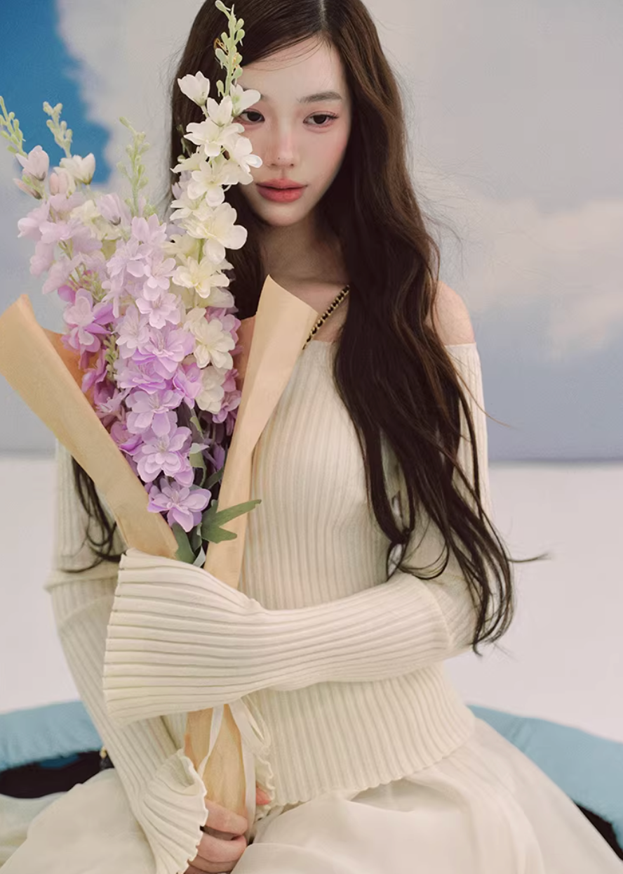 LaluneDuCiel one shoulder knit top women, Korean feminine ribbed sweater, flared sleeve knit blouse women, elegant Korean style knitwear, slim fit knit top Korean fashion, chic feminine off shoulder sweater, soft romantic knit top women, Korean aesthetic ribbed sweater, stylish Korean fashion top