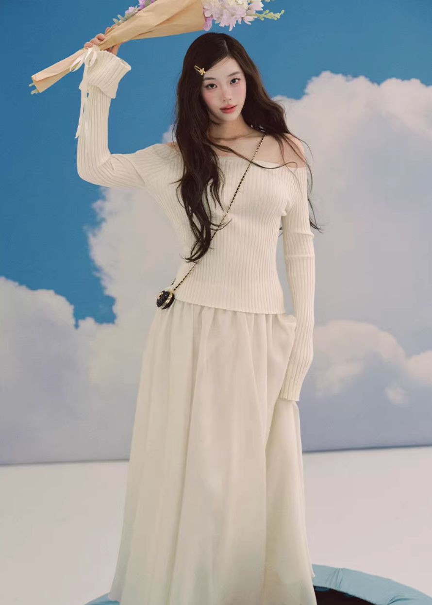 LaluneDuCiel one shoulder knit top women, Korean feminine ribbed sweater, flared sleeve knit blouse women, elegant Korean style knitwear, slim fit knit top Korean fashion, chic feminine off shoulder sweater, soft romantic knit top women, Korean aesthetic ribbed sweater, stylish Korean fashion top