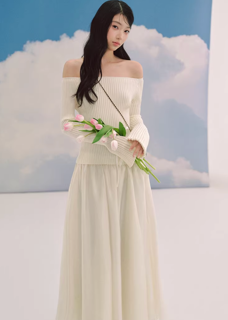LaluneDuCiel one shoulder knit top women, Korean feminine ribbed sweater, flared sleeve knit blouse women, elegant Korean style knitwear, slim fit knit top Korean fashion, chic feminine off shoulder sweater, soft romantic knit top women, Korean aesthetic ribbed sweater, stylish Korean fashion top