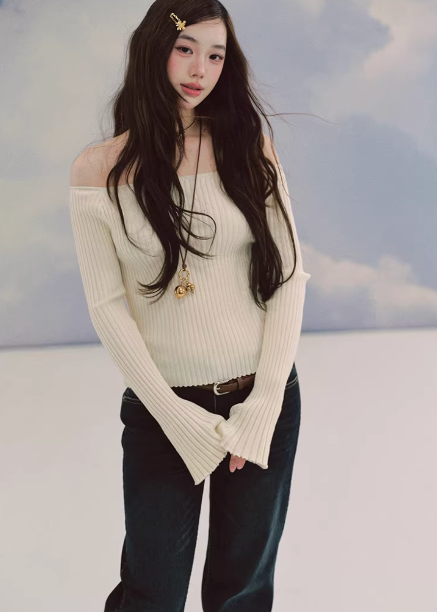 LaluneDuCiel one shoulder knit top women, Korean feminine ribbed sweater, flared sleeve knit blouse women, elegant Korean style knitwear, slim fit knit top Korean fashion, chic feminine off shoulder sweater, soft romantic knit top women, Korean aesthetic ribbed sweater, stylish Korean fashion top