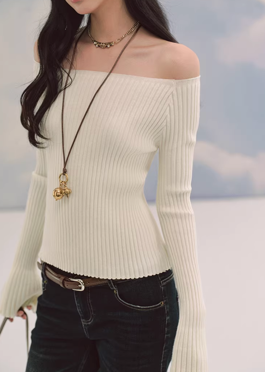 LaluneDuCiel one shoulder knit top women, Korean feminine ribbed sweater, flared sleeve knit blouse women, elegant Korean style knitwear, slim fit knit top Korean fashion, chic feminine off shoulder sweater, soft romantic knit top women, Korean aesthetic ribbed sweater, stylish Korean fashion top