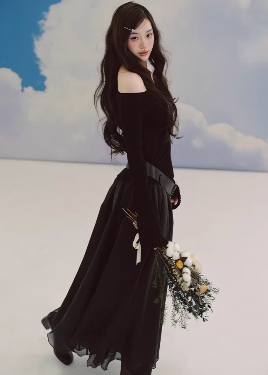 LaluneDuCiel one shoulder knit top women, Korean feminine ribbed sweater, flared sleeve knit blouse women, elegant Korean style knitwear, slim fit knit top Korean fashion, chic feminine off shoulder sweater, soft romantic knit top women, Korean aesthetic ribbed sweater, stylish Korean fashion top
