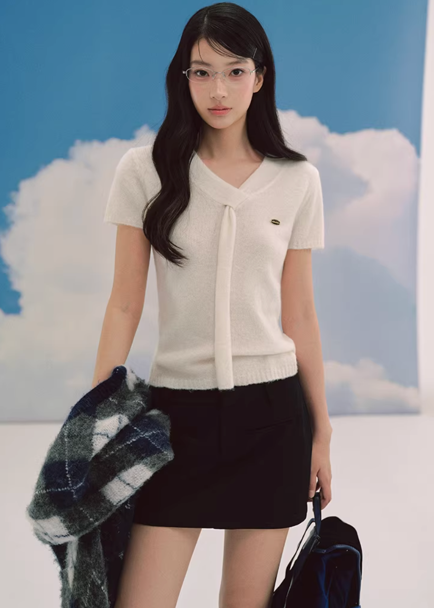 LaluneDuCiel ribbon knit top women, Korean feminine tie waist sweater, romantic soft knit blouse women, elegant Korean style sweater top, gentle spring knitwear women, chic Korean fashion knit top, lightweight feminine sweater Korean style, versatile knit blouse women, Korean aesthetic soft sweater