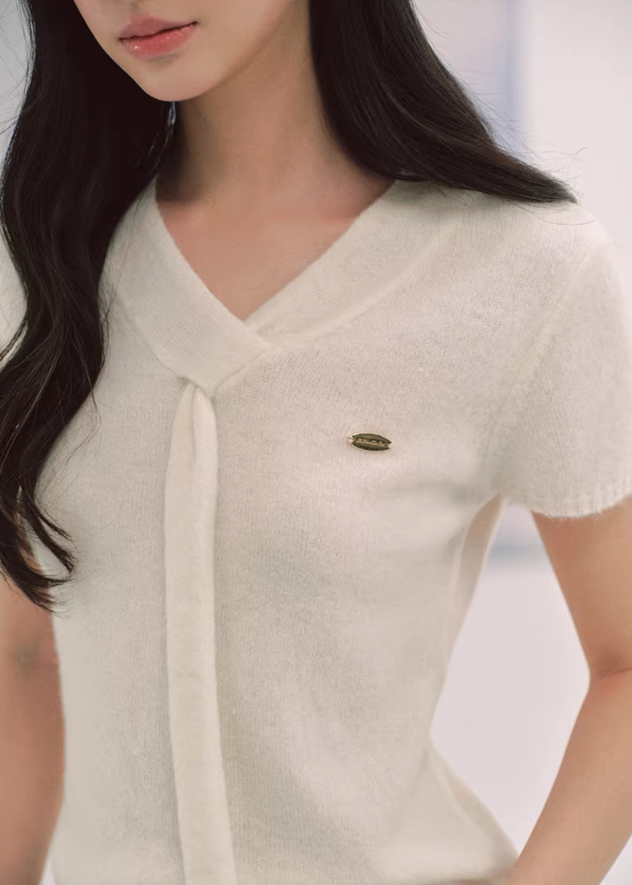 LaluneDuCiel ribbon knit top women, Korean feminine tie waist sweater, romantic soft knit blouse women, elegant Korean style sweater top, gentle spring knitwear women, chic Korean fashion knit top, lightweight feminine sweater Korean style, versatile knit blouse women, Korean aesthetic soft sweater
