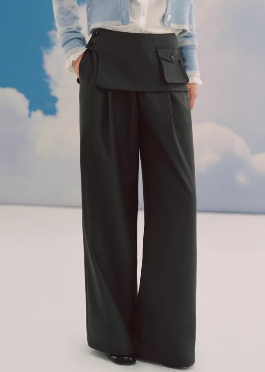 layered trousers women, skirt pants set, detachable skirt trousers, wide leg pants women, korean fashion set, tailored trousers outfit, modern layered pants, minimalist fashion set, versatile two piece outfit, casual tailored pants, structured wide leg trousers, unique design pants, contemporary women clothing, relaxed fit trousers, chic layering outfit, elegant casual wear, statement pants women, refined tailoring set, fashion forward outfit, everyday modern style