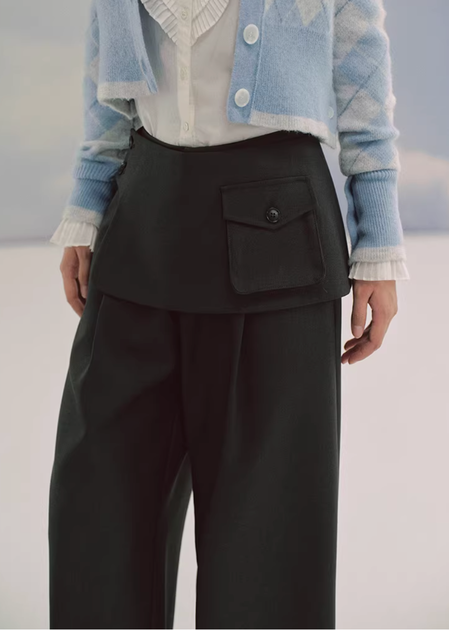 layered trousers women, skirt pants set, detachable skirt trousers, wide leg pants women, korean fashion set, tailored trousers outfit, modern layered pants, minimalist fashion set, versatile two piece outfit, casual tailored pants, structured wide leg trousers, unique design pants, contemporary women clothing, relaxed fit trousers, chic layering outfit, elegant casual wear, statement pants women, refined tailoring set, fashion forward outfit, everyday modern style
