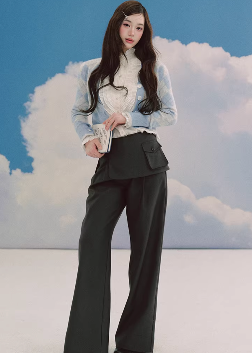 layered trousers women, skirt pants set, detachable skirt trousers, wide leg pants women, korean fashion set, tailored trousers outfit, modern layered pants, minimalist fashion set, versatile two piece outfit, casual tailored pants, structured wide leg trousers, unique design pants, contemporary women clothing, relaxed fit trousers, chic layering outfit, elegant casual wear, statement pants women, refined tailoring set, fashion forward outfit, everyday modern style