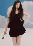 black velvet camisole, ruffle top women, ballet style top, korean fashion top, velvet camisole top, feminine layered top, dark romantic outfit, sleeveless velvet top, elegant black top, soft velvet blouse, tiered camisole, evening casual top, chic statement top, parisian inspired fashion, delicate strap top, lightweight velvet wear, modern feminine clothing, versatile going out top, aesthetic fashion top, refined romantic style