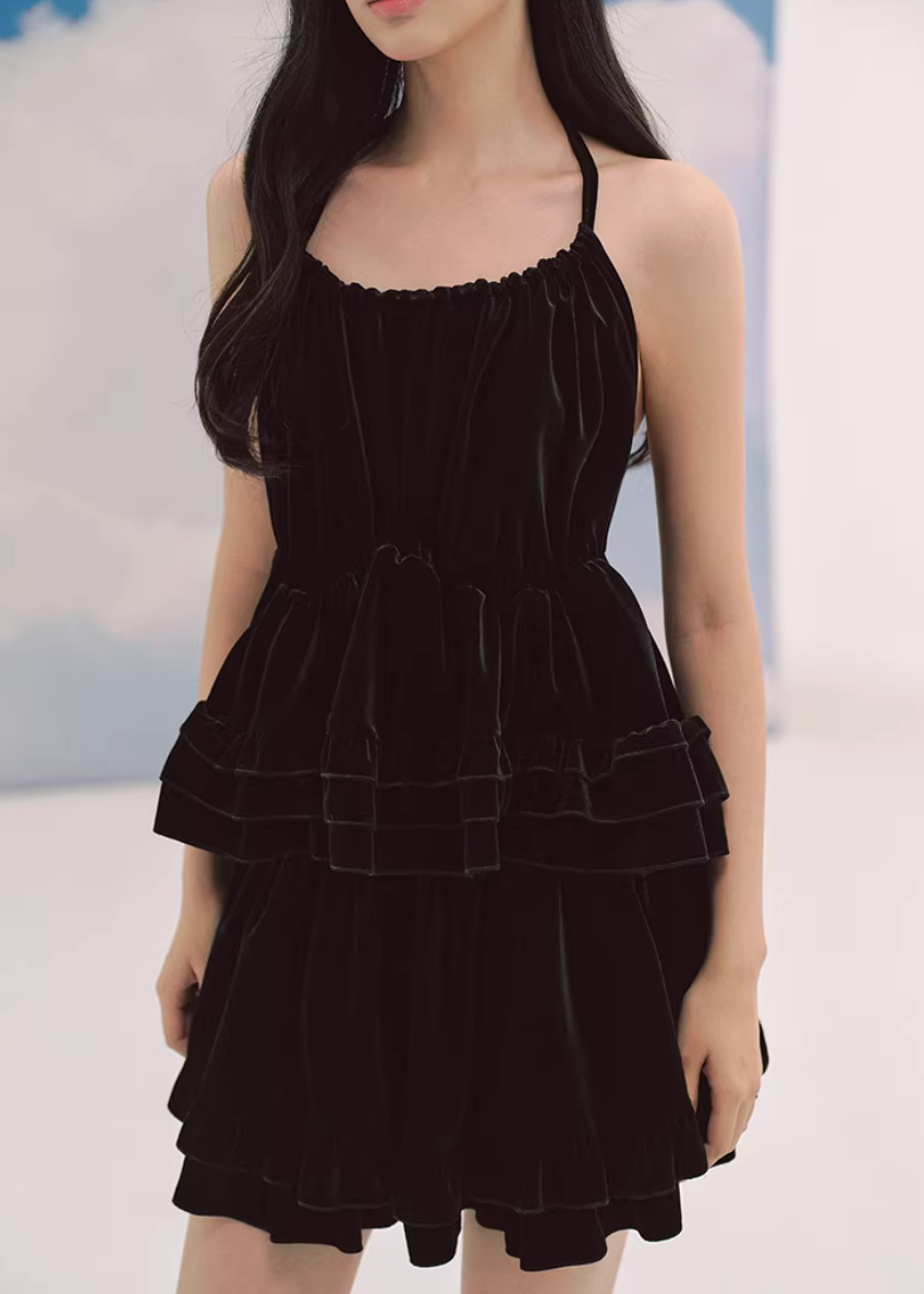 black velvet camisole, ruffle top women, ballet style top, korean fashion top, velvet camisole top, feminine layered top, dark romantic outfit, sleeveless velvet top, elegant black top, soft velvet blouse, tiered camisole, evening casual top, chic statement top, parisian inspired fashion, delicate strap top, lightweight velvet wear, modern feminine clothing, versatile going out top, aesthetic fashion top, refined romantic style