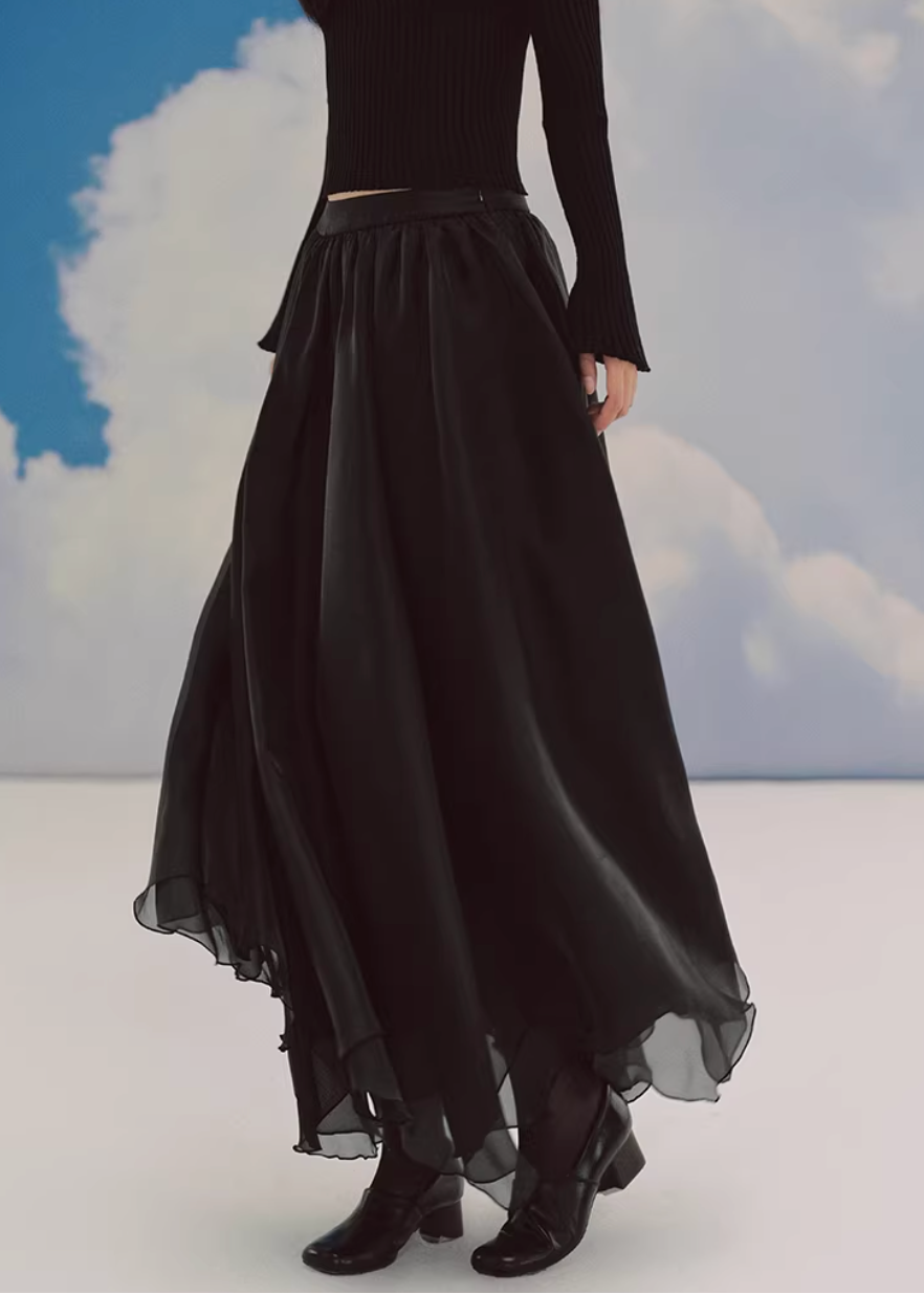 sheer maxi skirt, chiffon skirt women, irregular hem skirt, korean fashion skirt, flowy long skirt, a line maxi skirt, elastic waist skirt, feminine chiffon skirt, spring long skirt, elegant ivory skirt, layered sheer skirt, romantic outfit skirt, soft aesthetic fashion, lightweight summer skirt, parisian style skirt, modern feminine clothing, versatile long skirt, airy fabric skirt, graceful movement skirt, refined casual elegance
