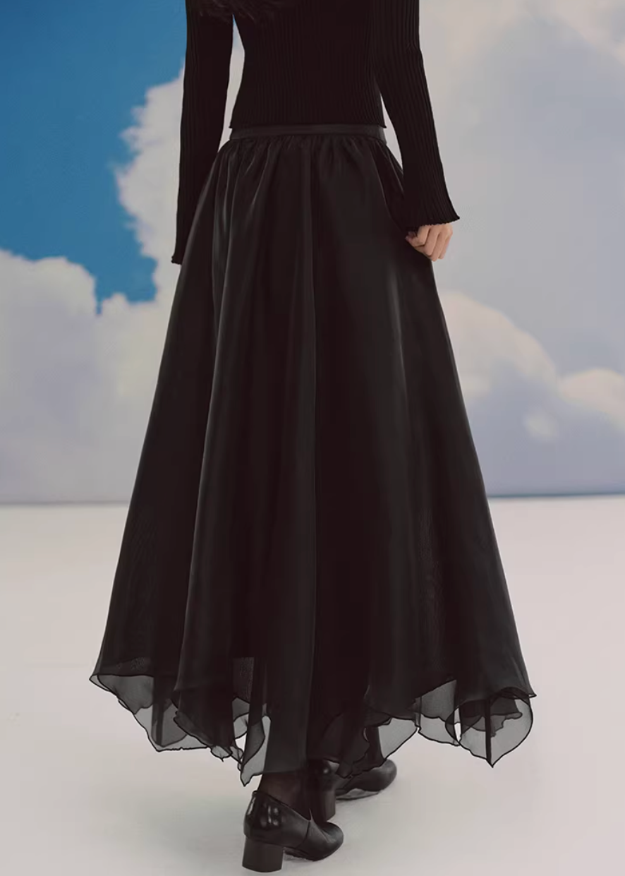 sheer maxi skirt, chiffon skirt women, irregular hem skirt, korean fashion skirt, flowy long skirt, a line maxi skirt, elastic waist skirt, feminine chiffon skirt, spring long skirt, elegant ivory skirt, layered sheer skirt, romantic outfit skirt, soft aesthetic fashion, lightweight summer skirt, parisian style skirt, modern feminine clothing, versatile long skirt, airy fabric skirt, graceful movement skirt, refined casual elegance