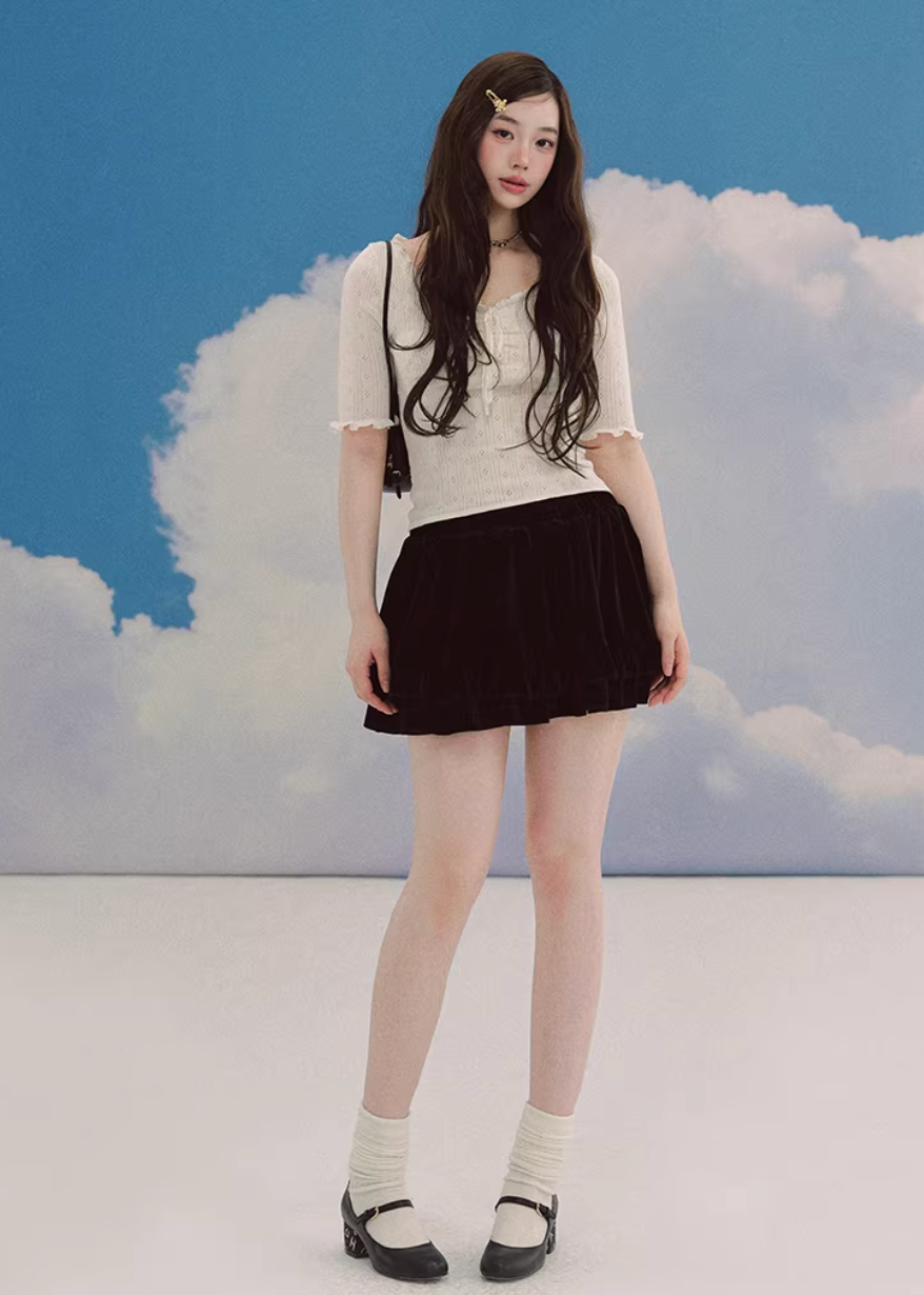 black velvet skirt, ballet mini skirt, tiered skirt women, korean fashion skirt, velvet mini skirt, flared mini skirt, feminine black skirt, soft velvet skirt, slimming mini skirt, playful chic skirt, elegant mini skirt, versatile outfit skirt, layered skirt women, aesthetic fashion skirt, modern feminine clothing, parisian style mini skirt, going out skirt, casual chic mini, refined black skirt, soft texture skirt