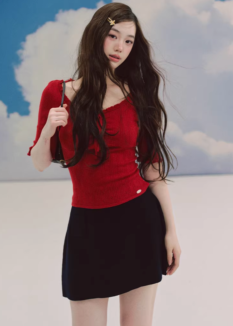 red knit top women, jacquard sweater women, u neck knit top, korean fashion top, slim fit sweater, lightweight knitwear, feminine red top, three quarter sleeve knit, textured knit top, elegant casual top, spring sweater women, parisian style top, soft knit blouse, body contour knit, modern feminine clothing, breathable sweater top, chic everyday outfit, refined knitwear women, versatile red top, aesthetic fashion knit