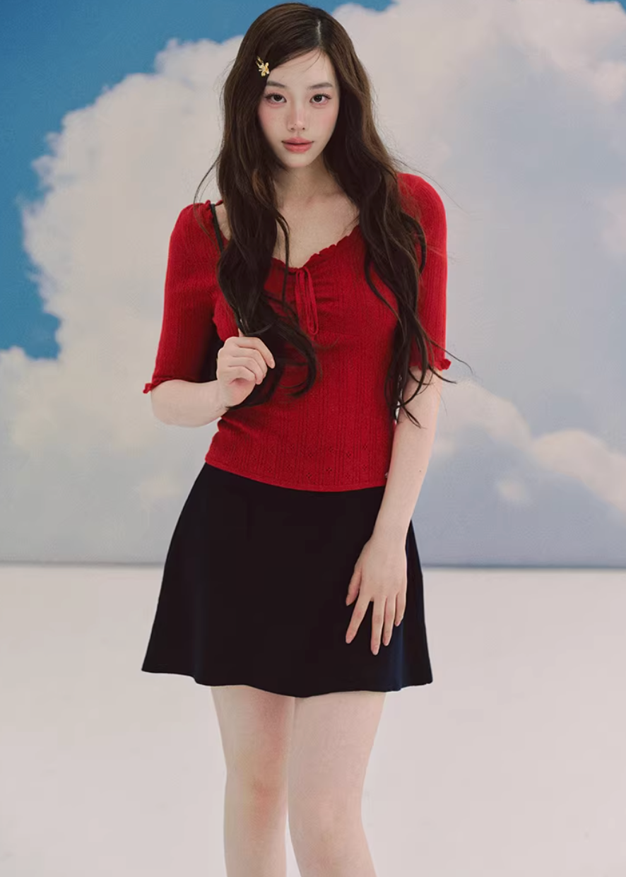 red knit top women, jacquard sweater women, u neck knit top, korean fashion top, slim fit sweater, lightweight knitwear, feminine red top, three quarter sleeve knit, textured knit top, elegant casual top, spring sweater women, parisian style top, soft knit blouse, body contour knit, modern feminine clothing, breathable sweater top, chic everyday outfit, refined knitwear women, versatile red top, aesthetic fashion knit