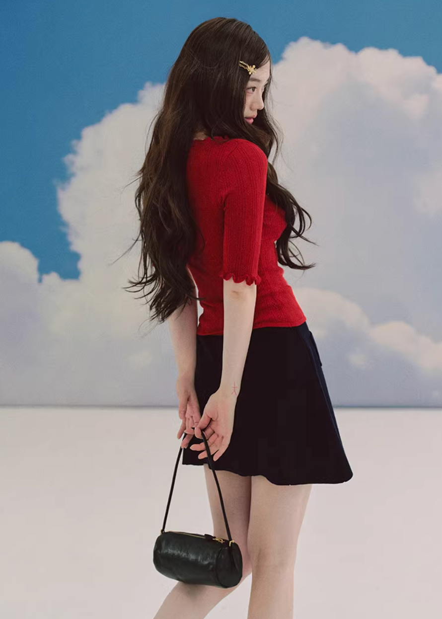 red knit top women, jacquard sweater women, u neck knit top, korean fashion top, slim fit sweater, lightweight knitwear, feminine red top, three quarter sleeve knit, textured knit top, elegant casual top, spring sweater women, parisian style top, soft knit blouse, body contour knit, modern feminine clothing, breathable sweater top, chic everyday outfit, refined knitwear women, versatile red top, aesthetic fashion knit