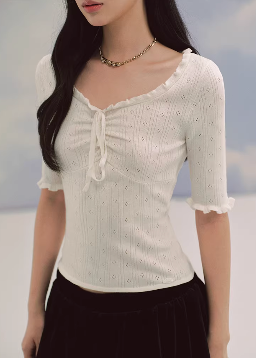 red knit top women, jacquard sweater women, u neck knit top, korean fashion top, slim fit sweater, lightweight knitwear, feminine red top, three quarter sleeve knit, textured knit top, elegant casual top, spring sweater women, parisian style top, soft knit blouse, body contour knit, modern feminine clothing, breathable sweater top, chic everyday outfit, refined knitwear women, versatile red top, aesthetic fashion knit