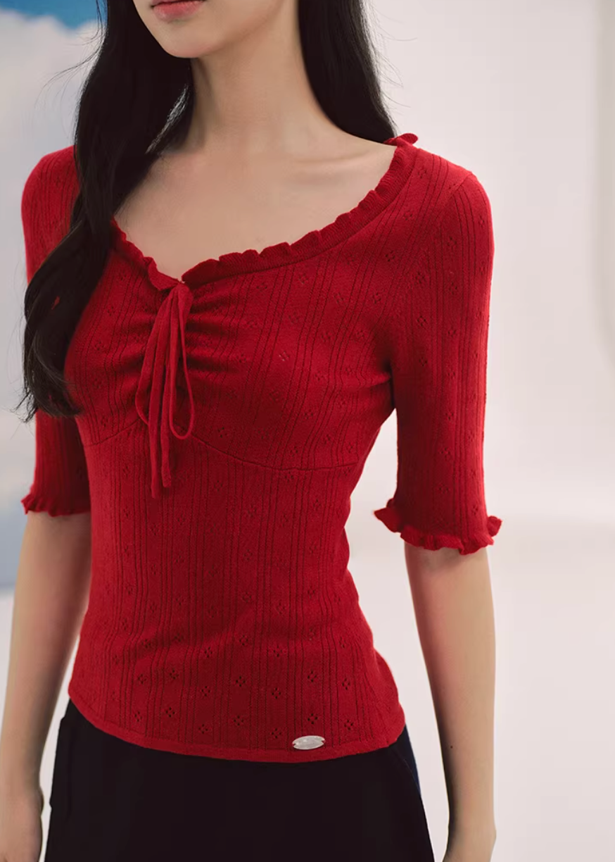 red knit top women, jacquard sweater women, u neck knit top, korean fashion top, slim fit sweater, lightweight knitwear, feminine red top, three quarter sleeve knit, textured knit top, elegant casual top, spring sweater women, parisian style top, soft knit blouse, body contour knit, modern feminine clothing, breathable sweater top, chic everyday outfit, refined knitwear women, versatile red top, aesthetic fashion knit