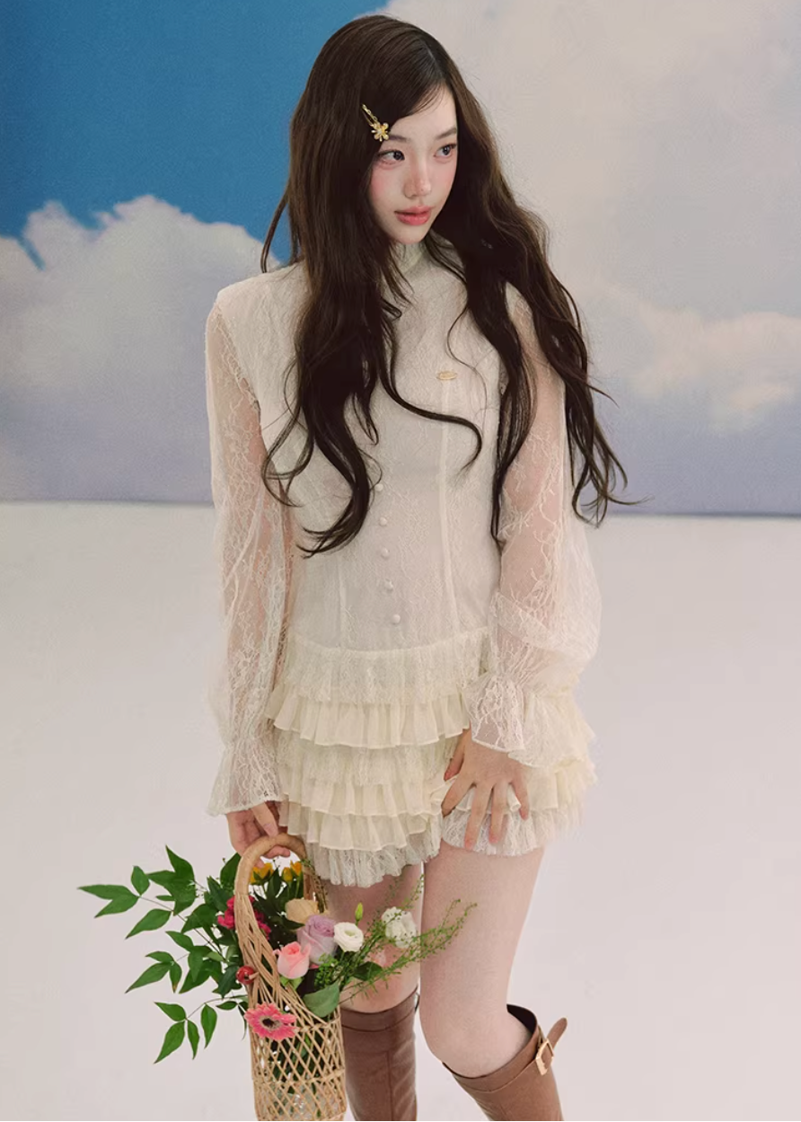 lace chiffon dress, romantic midi dress, ivory lace dress, korean fashion dress, chiffon layered dress, feminine spring dress, elegant lace dress women, soft girl aesthetic dress, high neck lace dress, sheer sleeve dress, parisian romantic style, flowy chiffon dress, tiered midi dress, delicate lace outfit, refined feminine clothing, lightweight spring dress, graceful silhouette dress, aesthetic fashion dress, modern romantic wear, elegant everyday dress