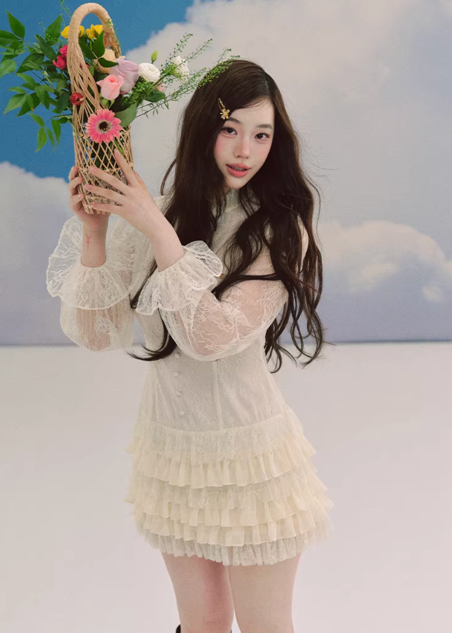 lace chiffon dress, romantic midi dress, ivory lace dress, korean fashion dress, chiffon layered dress, feminine spring dress, elegant lace dress women, soft girl aesthetic dress, high neck lace dress, sheer sleeve dress, parisian romantic style, flowy chiffon dress, tiered midi dress, delicate lace outfit, refined feminine clothing, lightweight spring dress, graceful silhouette dress, aesthetic fashion dress, modern romantic wear, elegant everyday dress
