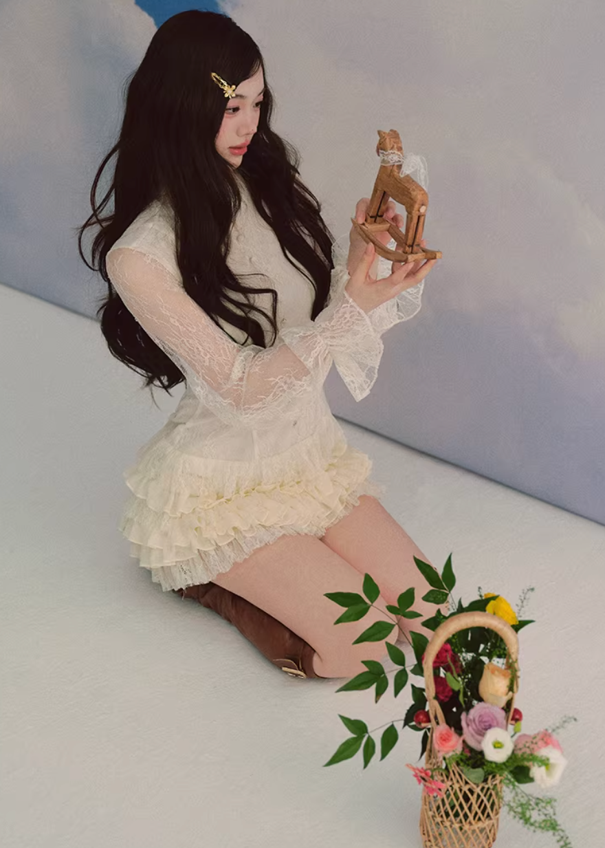 lace chiffon dress, romantic midi dress, ivory lace dress, korean fashion dress, chiffon layered dress, feminine spring dress, elegant lace dress women, soft girl aesthetic dress, high neck lace dress, sheer sleeve dress, parisian romantic style, flowy chiffon dress, tiered midi dress, delicate lace outfit, refined feminine clothing, lightweight spring dress, graceful silhouette dress, aesthetic fashion dress, modern romantic wear, elegant everyday dress