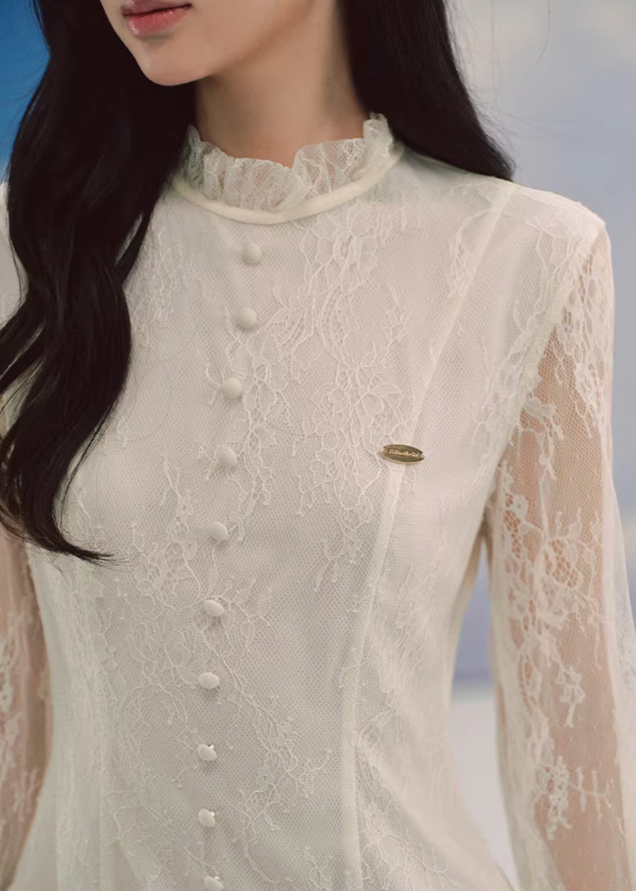 lace chiffon dress, romantic midi dress, ivory lace dress, korean fashion dress, chiffon layered dress, feminine spring dress, elegant lace dress women, soft girl aesthetic dress, high neck lace dress, sheer sleeve dress, parisian romantic style, flowy chiffon dress, tiered midi dress, delicate lace outfit, refined feminine clothing, lightweight spring dress, graceful silhouette dress, aesthetic fashion dress, modern romantic wear, elegant everyday dress