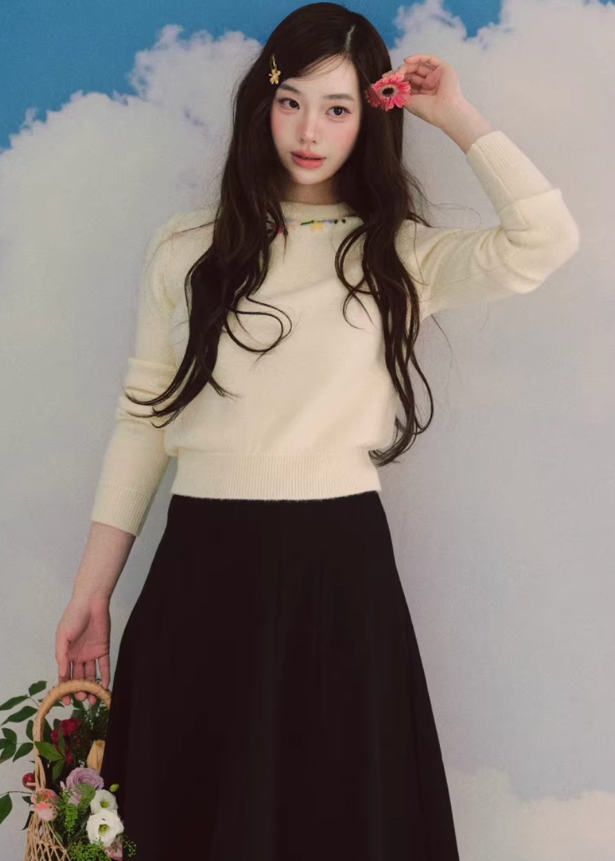 embroidered sweater women, ivory knit top, crew neck sweater women, korean fashion knit, spring knitwear, feminine sweater top, soft knit blouse, elegant casual sweater, lightweight knit top, minimalist sweater women, versatile everyday knit, parisian style clothing, refined knitwear women, slim fit sweater, delicate embroidery top, modern feminine clothing, chic casual outfit, aesthetic fashion knit, soft luxury sweater, timeless wardrobe knit
