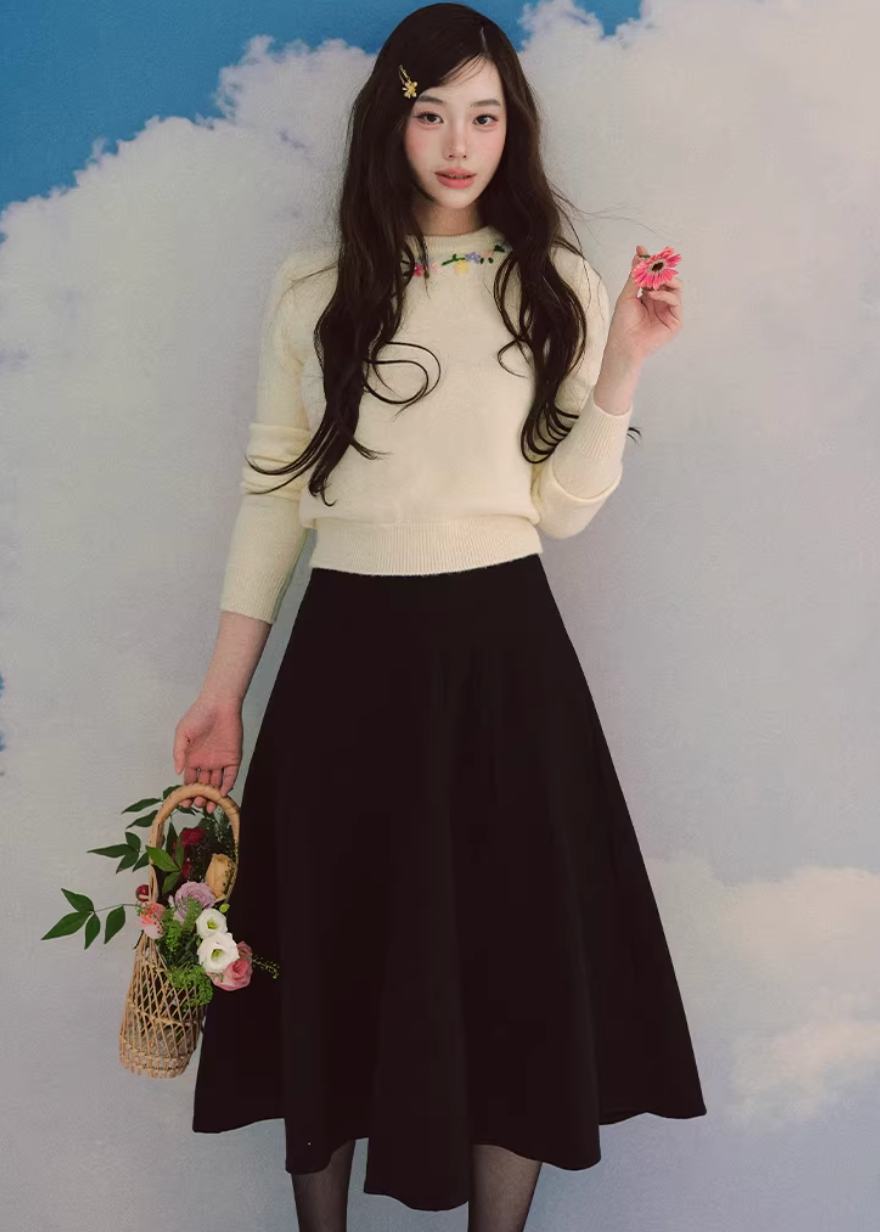 embroidered sweater women, ivory knit top, crew neck sweater women, korean fashion knit, spring knitwear, feminine sweater top, soft knit blouse, elegant casual sweater, lightweight knit top, minimalist sweater women, versatile everyday knit, parisian style clothing, refined knitwear women, slim fit sweater, delicate embroidery top, modern feminine clothing, chic casual outfit, aesthetic fashion knit, soft luxury sweater, timeless wardrobe knit