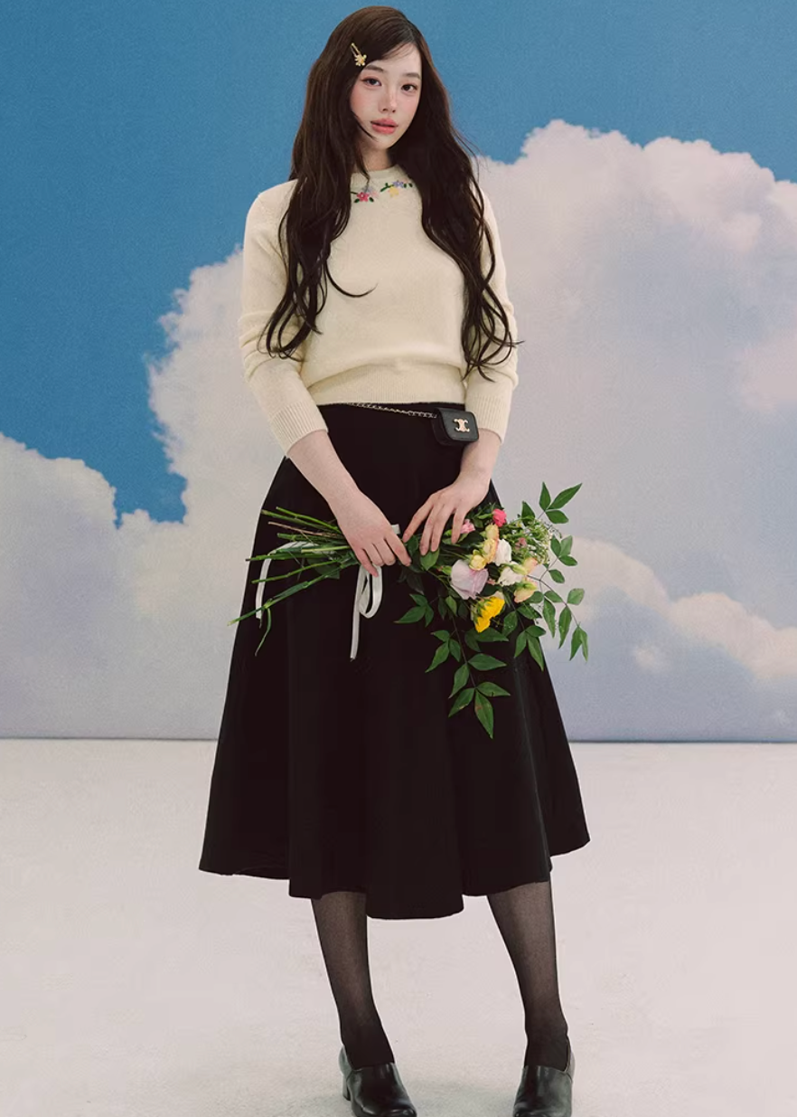 embroidered sweater women, ivory knit top, crew neck sweater women, korean fashion knit, spring knitwear, feminine sweater top, soft knit blouse, elegant casual sweater, lightweight knit top, minimalist sweater women, versatile everyday knit, parisian style clothing, refined knitwear women, slim fit sweater, delicate embroidery top, modern feminine clothing, chic casual outfit, aesthetic fashion knit, soft luxury sweater, timeless wardrobe knit