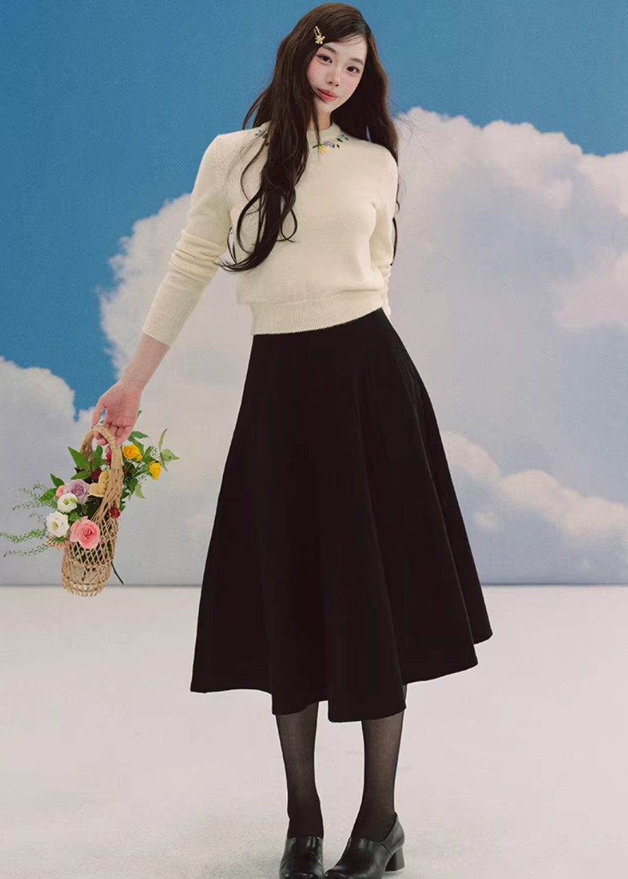 embroidered sweater women, ivory knit top, crew neck sweater women, korean fashion knit, spring knitwear, feminine sweater top, soft knit blouse, elegant casual sweater, lightweight knit top, minimalist sweater women, versatile everyday knit, parisian style clothing, refined knitwear women, slim fit sweater, delicate embroidery top, modern feminine clothing, chic casual outfit, aesthetic fashion knit, soft luxury sweater, timeless wardrobe knit