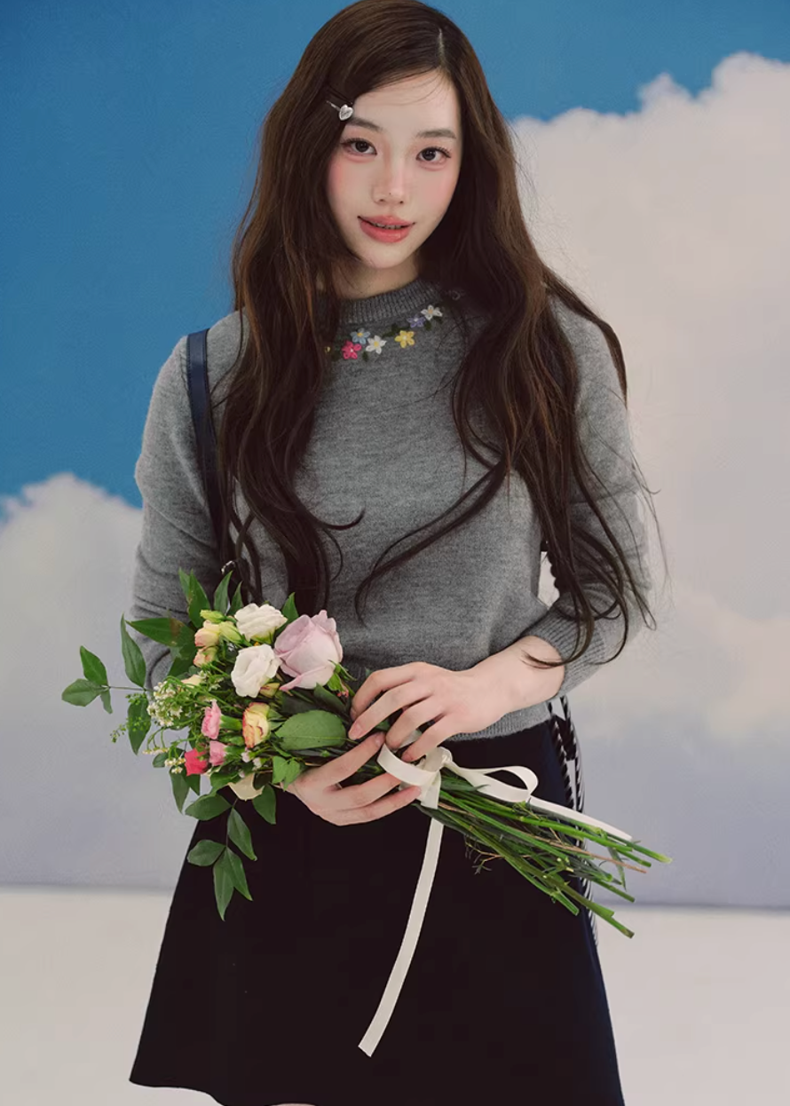 embroidered sweater women, ivory knit top, crew neck sweater women, korean fashion knit, spring knitwear, feminine sweater top, soft knit blouse, elegant casual sweater, lightweight knit top, minimalist sweater women, versatile everyday knit, parisian style clothing, refined knitwear women, slim fit sweater, delicate embroidery top, modern feminine clothing, chic casual outfit, aesthetic fashion knit, soft luxury sweater, timeless wardrobe knit