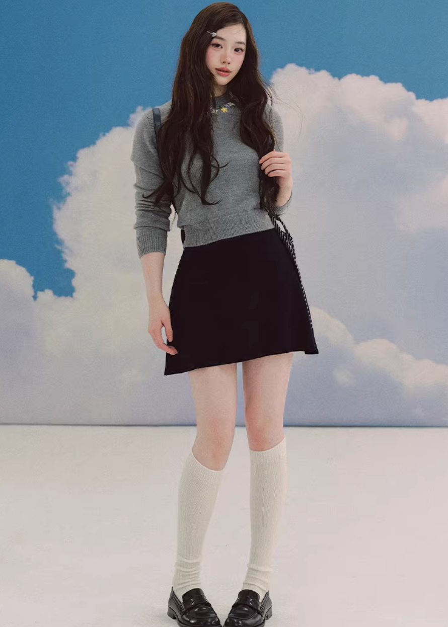embroidered sweater women, ivory knit top, crew neck sweater women, korean fashion knit, spring knitwear, feminine sweater top, soft knit blouse, elegant casual sweater, lightweight knit top, minimalist sweater women, versatile everyday knit, parisian style clothing, refined knitwear women, slim fit sweater, delicate embroidery top, modern feminine clothing, chic casual outfit, aesthetic fashion knit, soft luxury sweater, timeless wardrobe knit