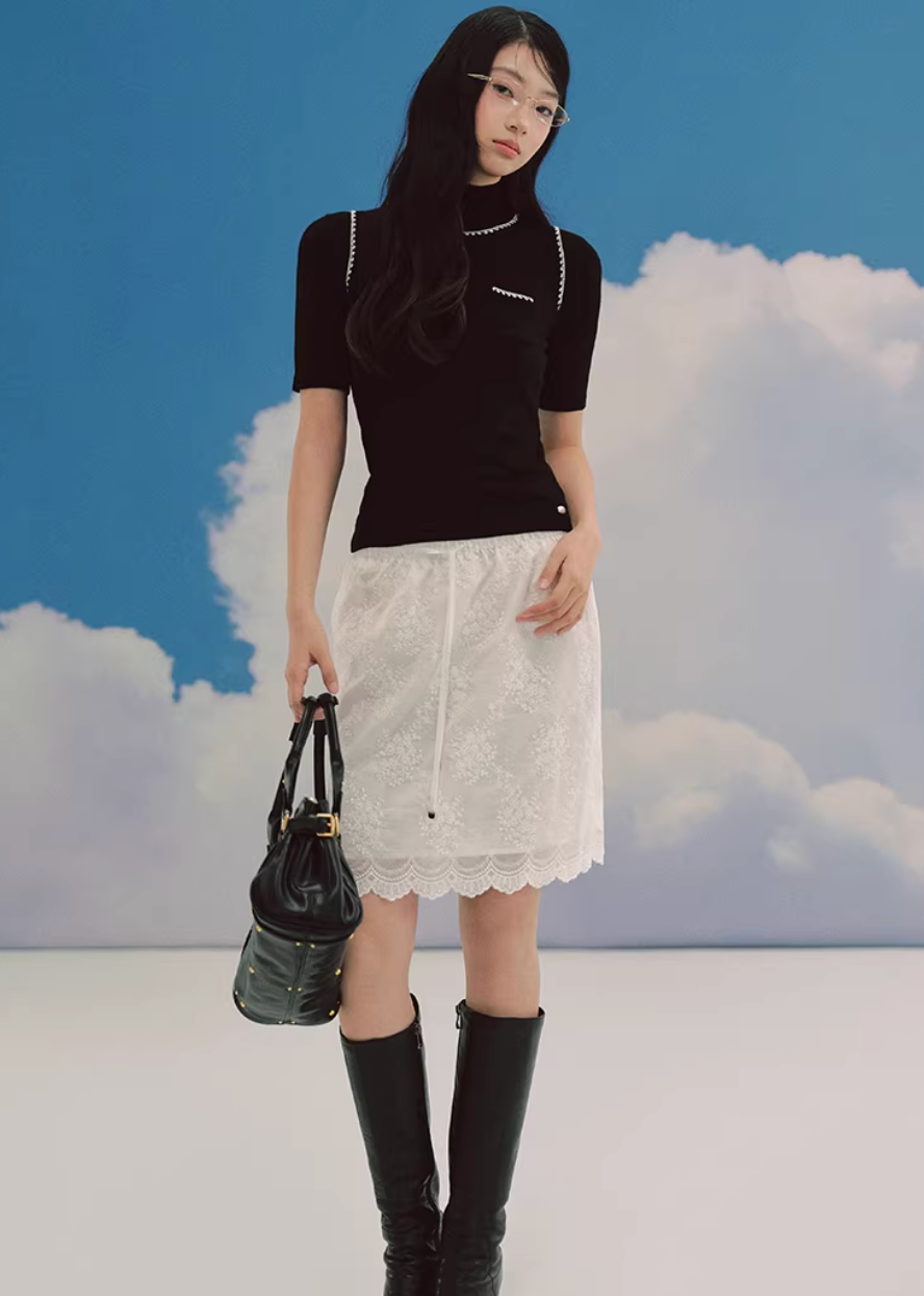 lace midi skirt, embroidered skirt women, floral lace skirt, korean fashion skirt, romantic midi skirt, slit skirt women, feminine lace outfit, ivory midi skirt, elegant spring skirt, parisian style clothing, soft aesthetic skirt, lightweight lace skirt, refined casual wear, delicate lace skirt, modern feminine clothing, versatile midi skirt, chic everyday outfit, graceful silhouette skirt, aesthetic fashion piece, elegant lace bottom