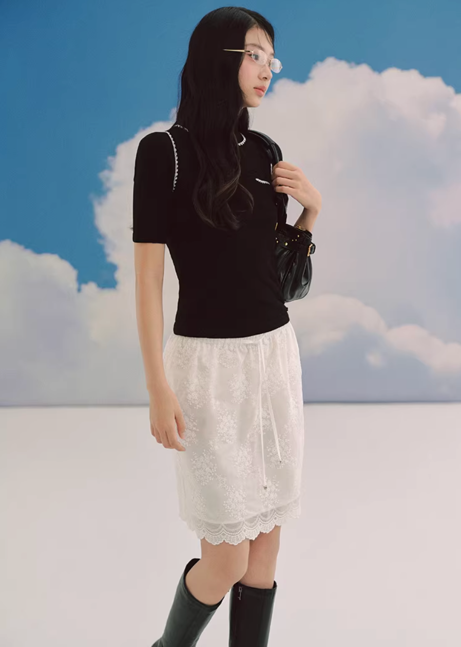 lace midi skirt, embroidered skirt women, floral lace skirt, korean fashion skirt, romantic midi skirt, slit skirt women, feminine lace outfit, ivory midi skirt, elegant spring skirt, parisian style clothing, soft aesthetic skirt, lightweight lace skirt, refined casual wear, delicate lace skirt, modern feminine clothing, versatile midi skirt, chic everyday outfit, graceful silhouette skirt, aesthetic fashion piece, elegant lace bottom