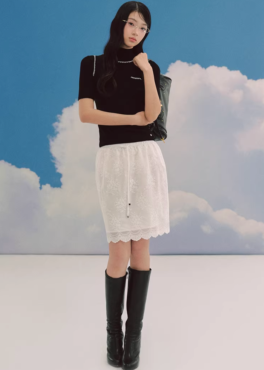 lace midi skirt, embroidered skirt women, floral lace skirt, korean fashion skirt, romantic midi skirt, slit skirt women, feminine lace outfit, ivory midi skirt, elegant spring skirt, parisian style clothing, soft aesthetic skirt, lightweight lace skirt, refined casual wear, delicate lace skirt, modern feminine clothing, versatile midi skirt, chic everyday outfit, graceful silhouette skirt, aesthetic fashion piece, elegant lace bottom