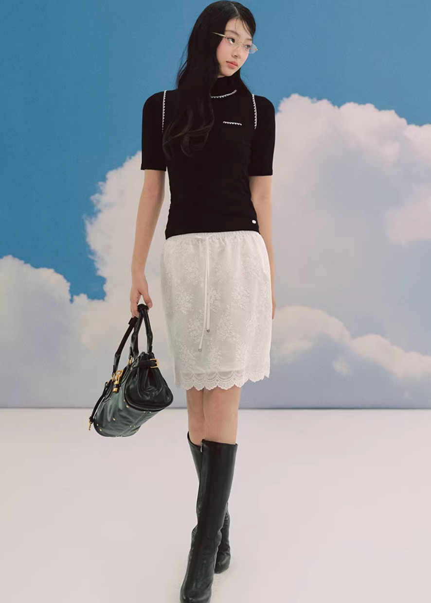 lace midi skirt, embroidered skirt women, floral lace skirt, korean fashion skirt, romantic midi skirt, slit skirt women, feminine lace outfit, ivory midi skirt, elegant spring skirt, parisian style clothing, soft aesthetic skirt, lightweight lace skirt, refined casual wear, delicate lace skirt, modern feminine clothing, versatile midi skirt, chic everyday outfit, graceful silhouette skirt, aesthetic fashion piece, elegant lace bottom