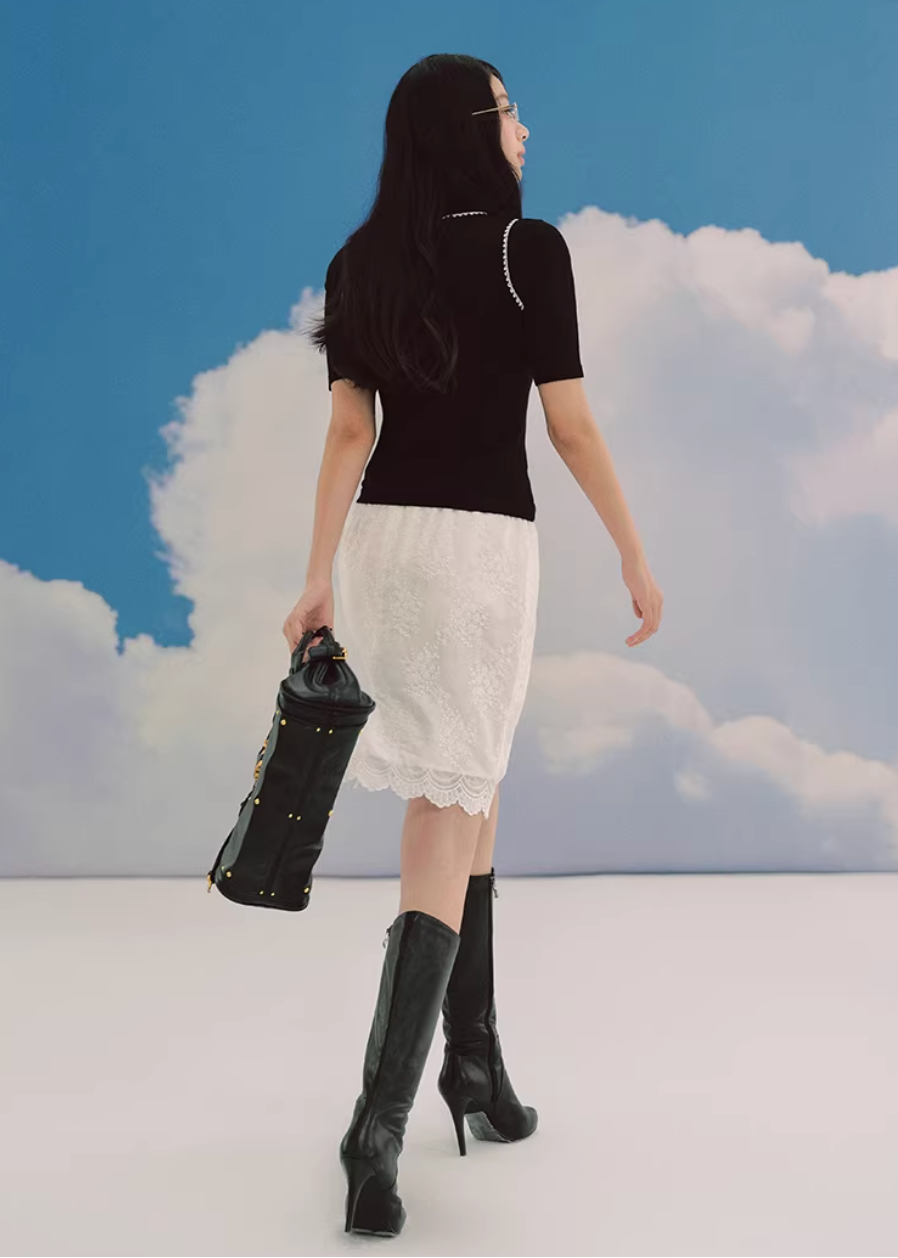 lace midi skirt, embroidered skirt women, floral lace skirt, korean fashion skirt, romantic midi skirt, slit skirt women, feminine lace outfit, ivory midi skirt, elegant spring skirt, parisian style clothing, soft aesthetic skirt, lightweight lace skirt, refined casual wear, delicate lace skirt, modern feminine clothing, versatile midi skirt, chic everyday outfit, graceful silhouette skirt, aesthetic fashion piece, elegant lace bottom