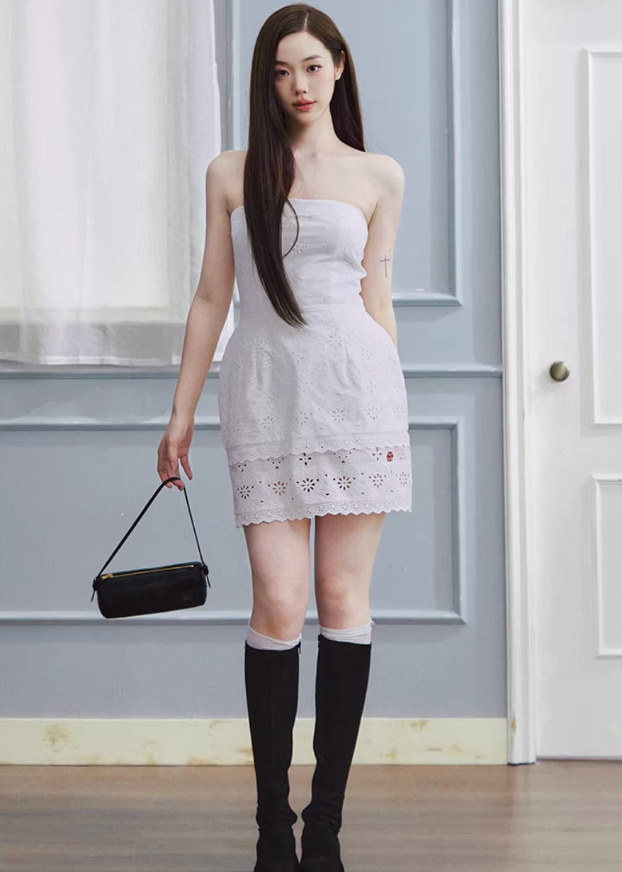 strapless white dress, bandeau mini dress, embroidered white dress, korean fashion dress, ivory mini dress, minimalist strapless dress, fitted mini dress women, elegant summer dress, non slip bandeau dress, clean silhouette dress, feminine white outfit, chic mini dress, parisian style dress, refined minimal dress, spring summer dress women, aesthetic fashion dress, modern feminine clothing, versatile party dress, soft elegant dress, statement white dress