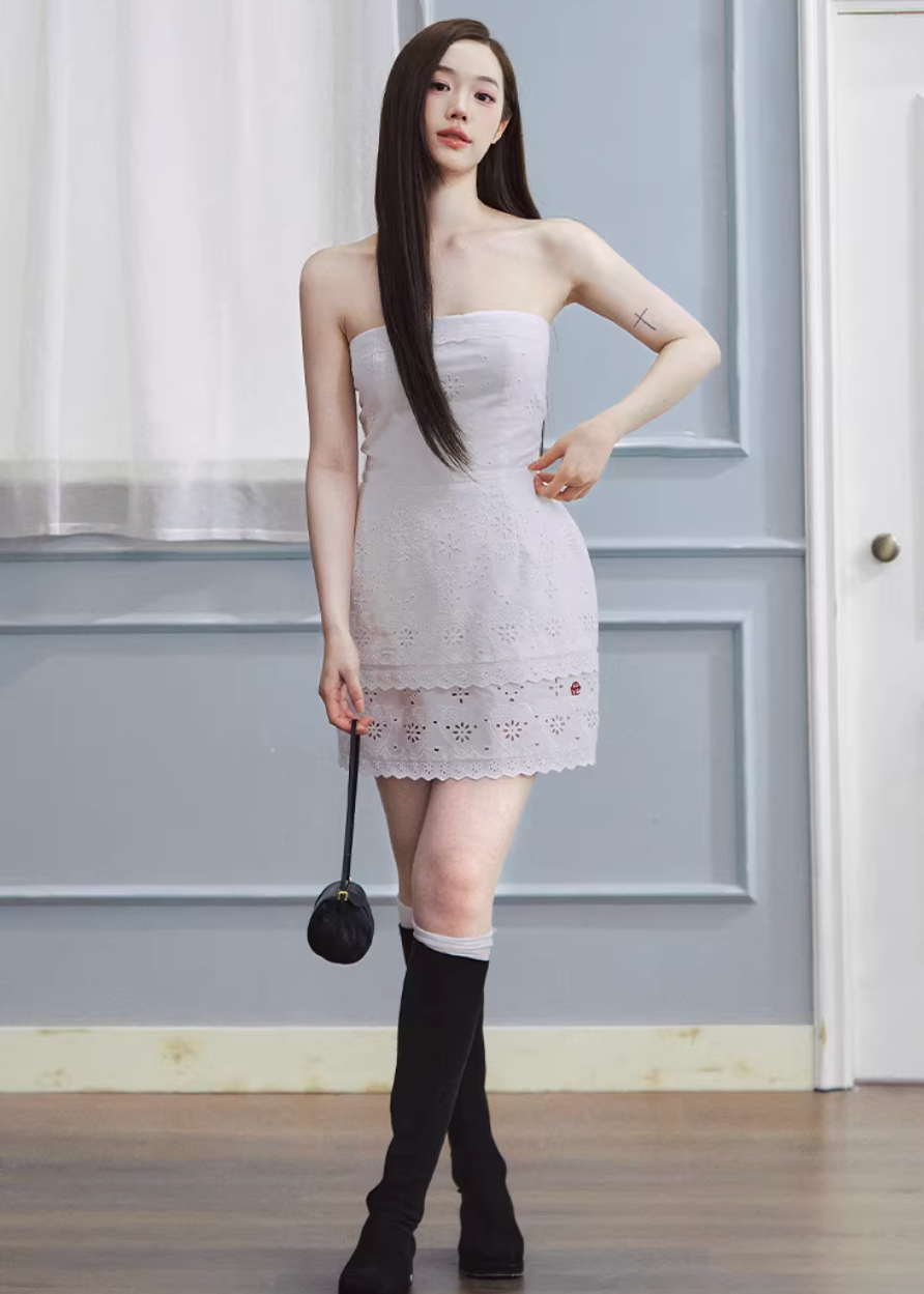 strapless white dress, bandeau mini dress, embroidered white dress, korean fashion dress, ivory mini dress, minimalist strapless dress, fitted mini dress women, elegant summer dress, non slip bandeau dress, clean silhouette dress, feminine white outfit, chic mini dress, parisian style dress, refined minimal dress, spring summer dress women, aesthetic fashion dress, modern feminine clothing, versatile party dress, soft elegant dress, statement white dress