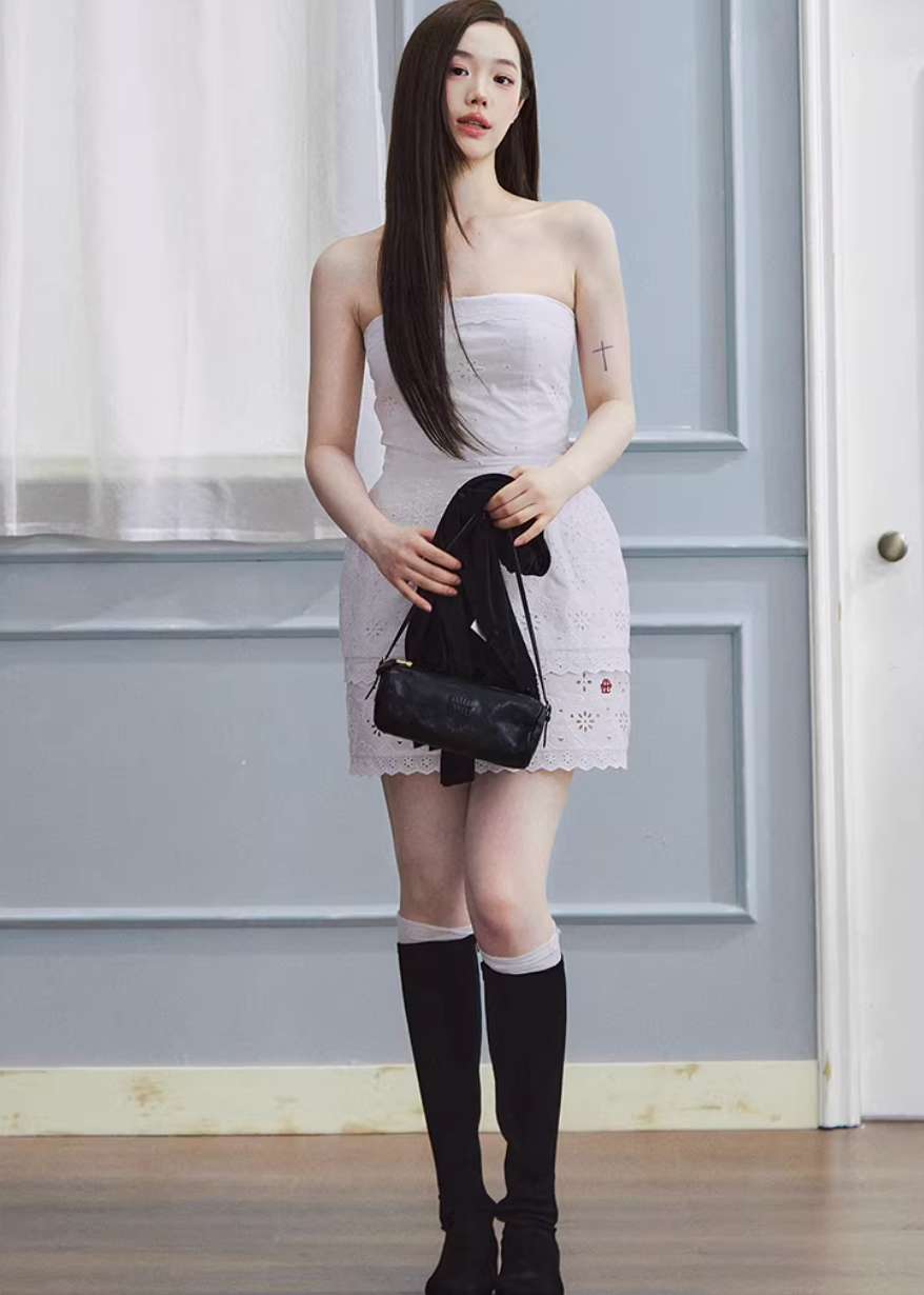strapless white dress, bandeau mini dress, embroidered white dress, korean fashion dress, ivory mini dress, minimalist strapless dress, fitted mini dress women, elegant summer dress, non slip bandeau dress, clean silhouette dress, feminine white outfit, chic mini dress, parisian style dress, refined minimal dress, spring summer dress women, aesthetic fashion dress, modern feminine clothing, versatile party dress, soft elegant dress, statement white dress