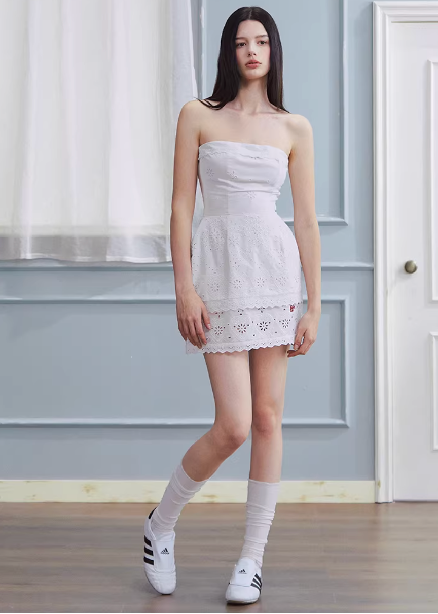 strapless white dress, bandeau mini dress, embroidered white dress, korean fashion dress, ivory mini dress, minimalist strapless dress, fitted mini dress women, elegant summer dress, non slip bandeau dress, clean silhouette dress, feminine white outfit, chic mini dress, parisian style dress, refined minimal dress, spring summer dress women, aesthetic fashion dress, modern feminine clothing, versatile party dress, soft elegant dress, statement white dress