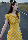 checkered tea dress, vintage summer dress, yellow midi dress, korean fashion dress, resort style dress, picnic dress women, french vintage dress, feminine summer outfit, lightweight cotton dress, flattering waist dress, casual romantic dress, aesthetic fashion dress, parisian style clothing, soft girl summer dress, breathable summer dress, elegant casual wear, modern feminine clothing, vacation outfit dress, chic everyday dress, warm tone dress