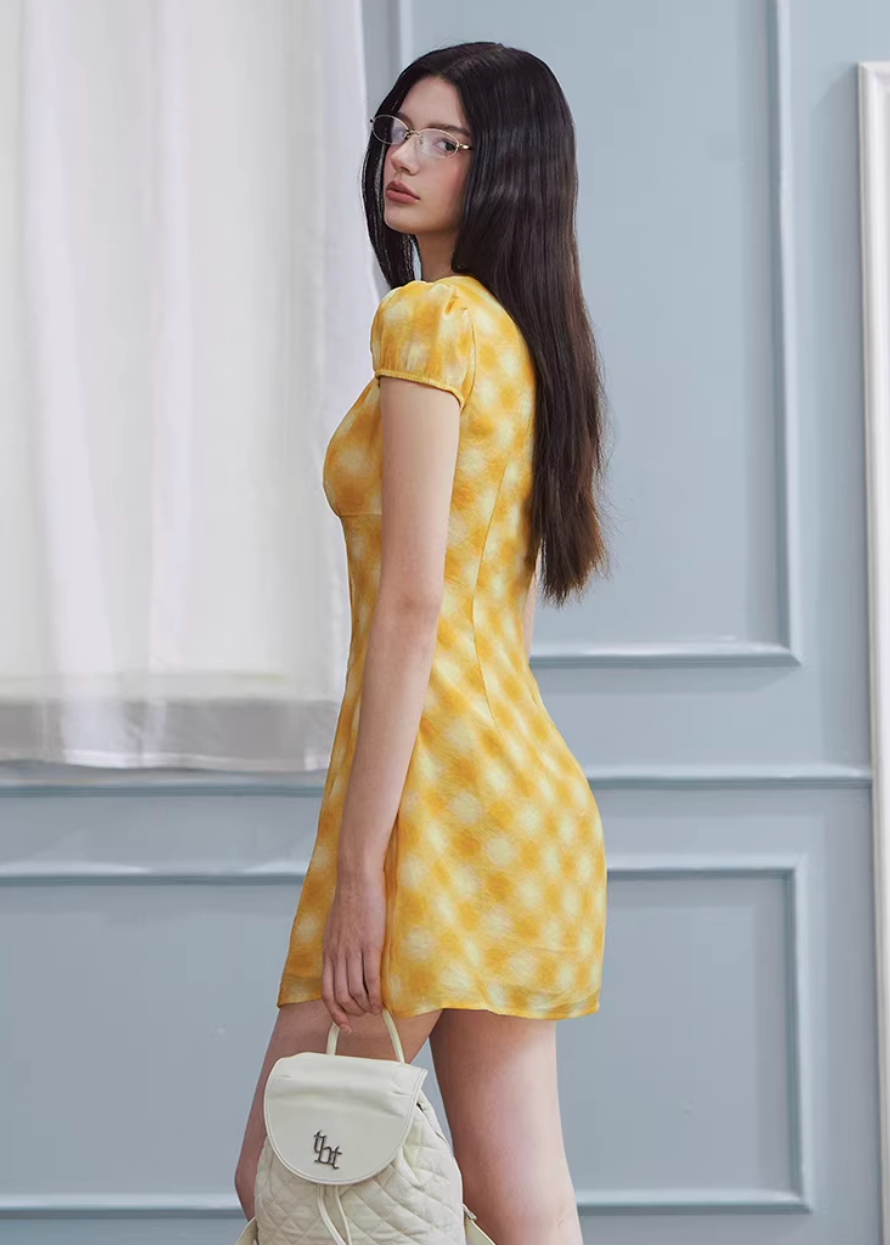 checkered tea dress, vintage summer dress, yellow midi dress, korean fashion dress, resort style dress, picnic dress women, french vintage dress, feminine summer outfit, lightweight cotton dress, flattering waist dress, casual romantic dress, aesthetic fashion dress, parisian style clothing, soft girl summer dress, breathable summer dress, elegant casual wear, modern feminine clothing, vacation outfit dress, chic everyday dress, warm tone dress