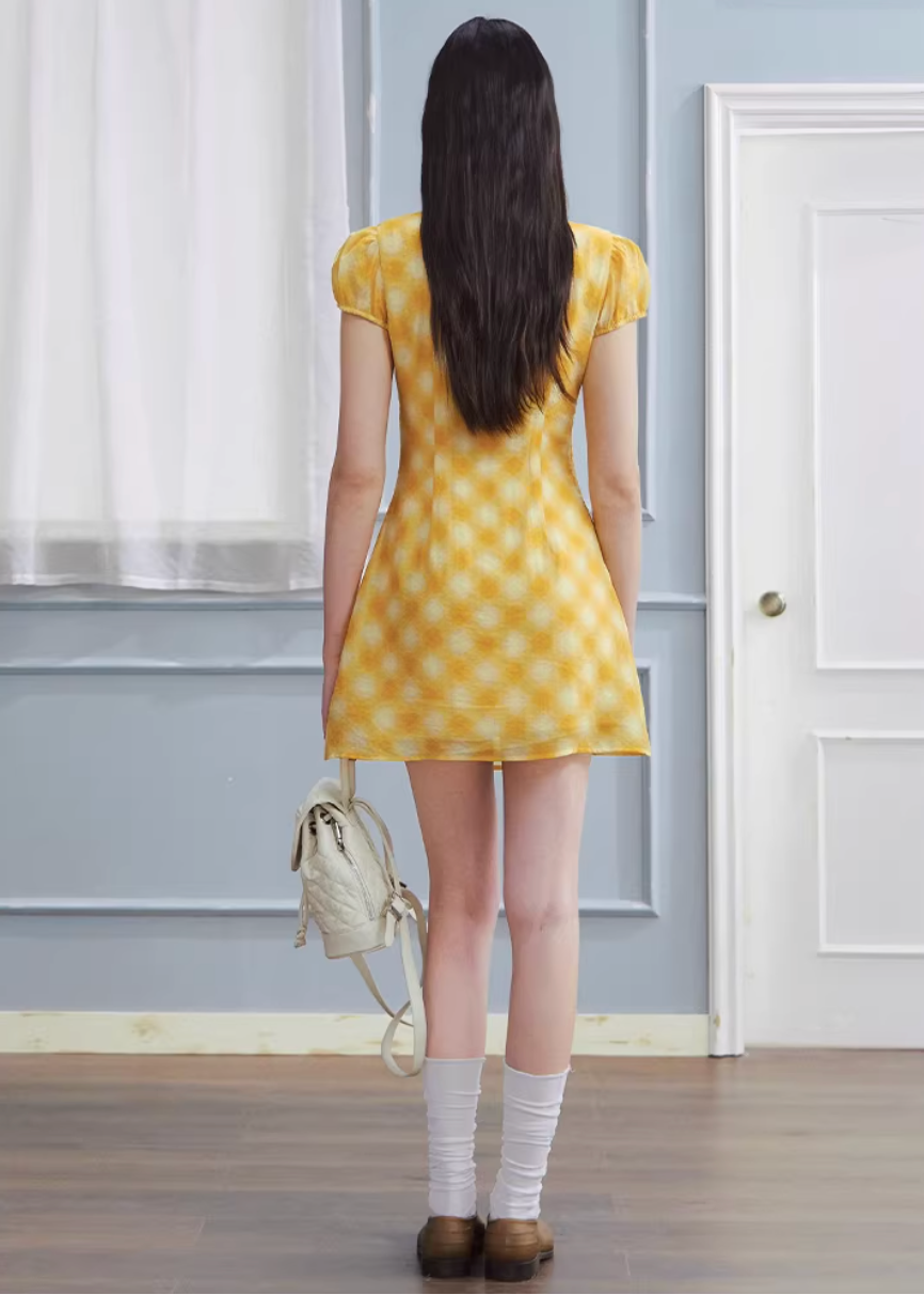 checkered tea dress, vintage summer dress, yellow midi dress, korean fashion dress, resort style dress, picnic dress women, french vintage dress, feminine summer outfit, lightweight cotton dress, flattering waist dress, casual romantic dress, aesthetic fashion dress, parisian style clothing, soft girl summer dress, breathable summer dress, elegant casual wear, modern feminine clothing, vacation outfit dress, chic everyday dress, warm tone dress